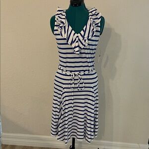 Ralph Lauren Navy & White Ruffle V-Neck Striped Midi Dress